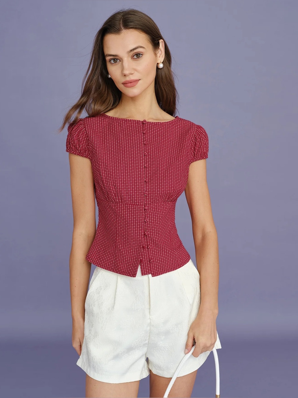 Rihoas Red Boat Neck Plaid Blouse